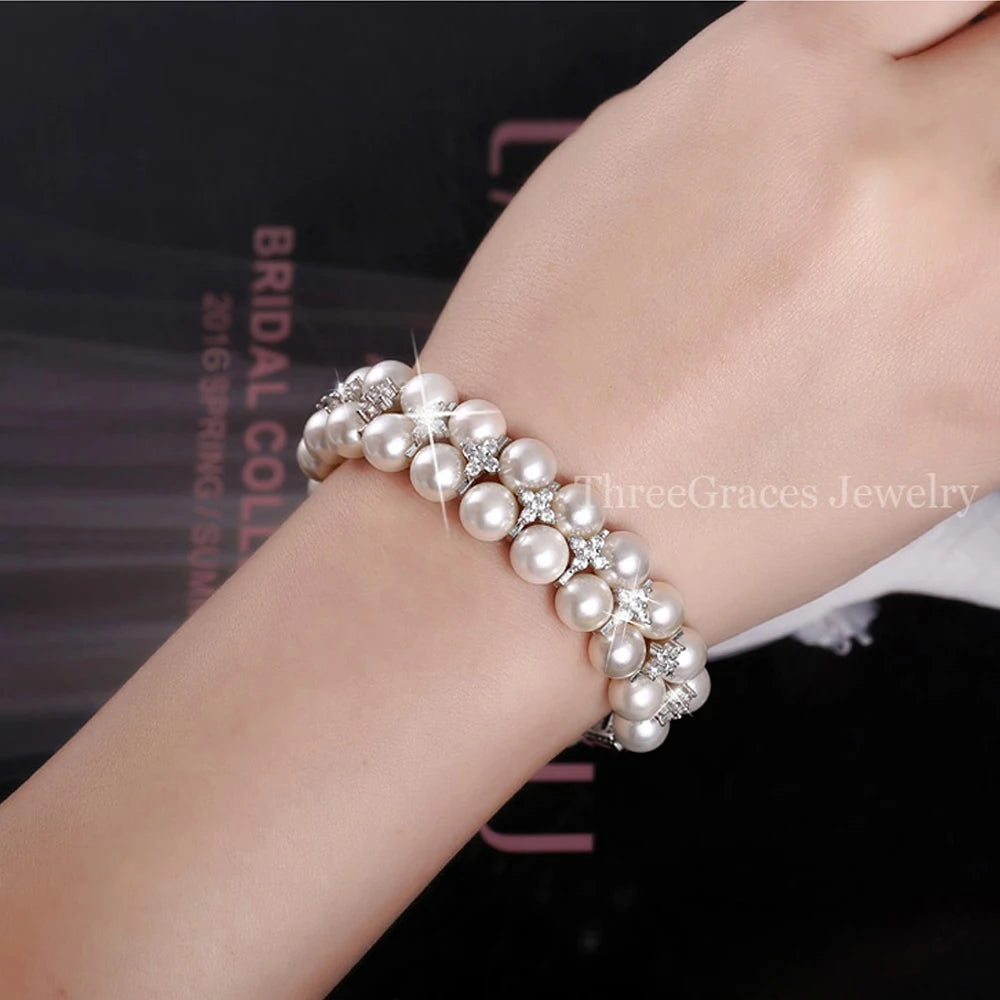 Double Pearl CZ Bridal Bracelet